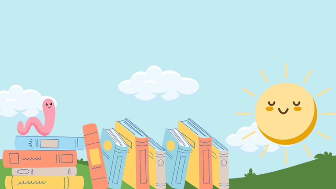 illustration of bookworm on stack of books with smiling sun