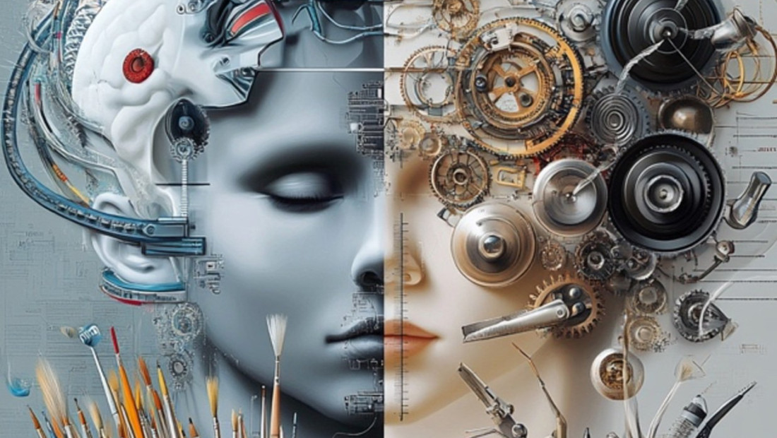 AI generated image of a human face, half with art supplies and half with mechanical tools in front of them