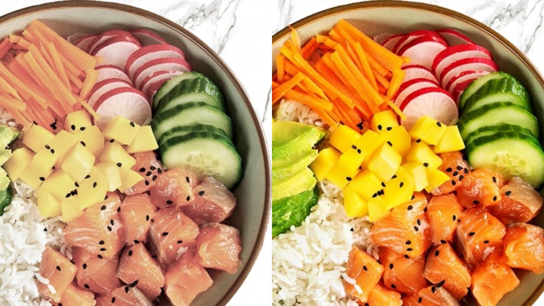side by side shots of a poke bowl with one having color enhancement
