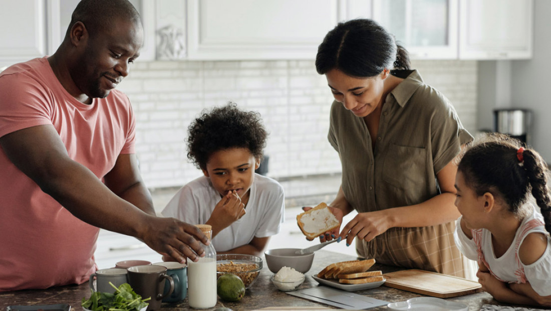 family eating in kitchen