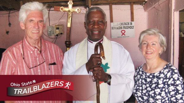 Jeanne Hogarth with husband and bishop Ohio State trailblazers logo
