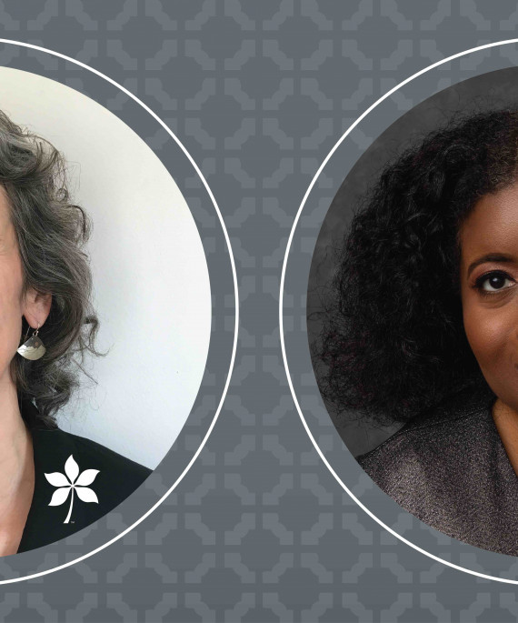 Headshots for Anne-Marie Nunez and Lori Patton Davis on Buckeye background