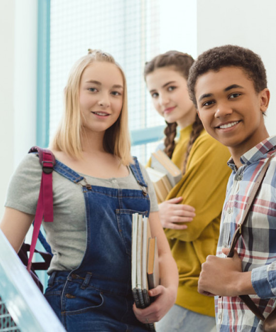 high school students on staircase