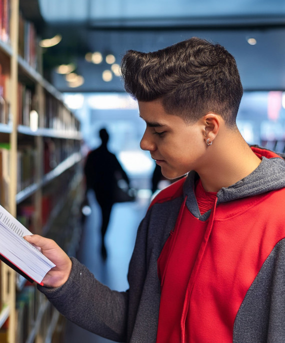 Latino student reading a book in a library