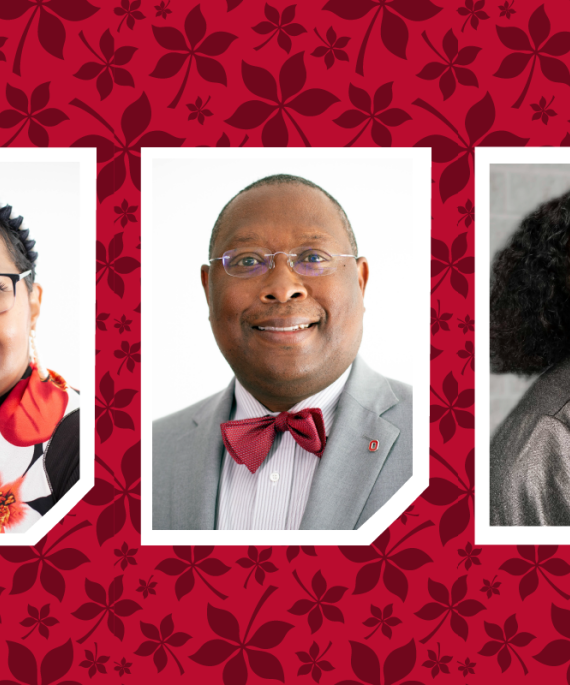 headshots of Donna Ford, James Moore, and Lori Patton Davis on a buckeye leaf background