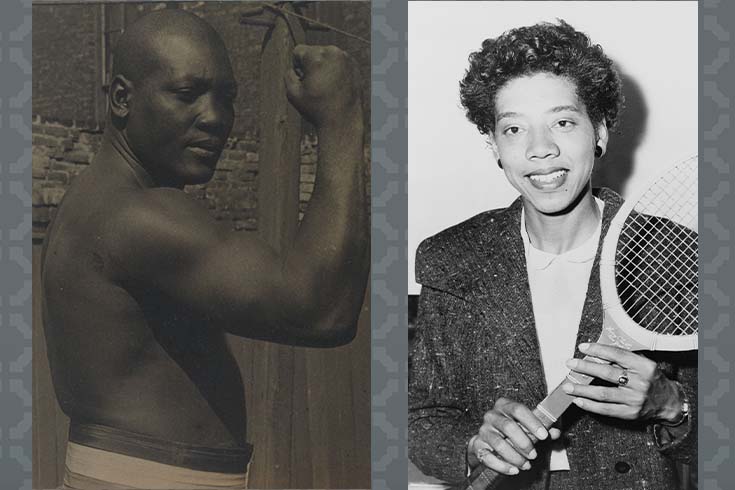 headshots of boxer Jack Johnson and tennis player Althea Gibson on a gray background