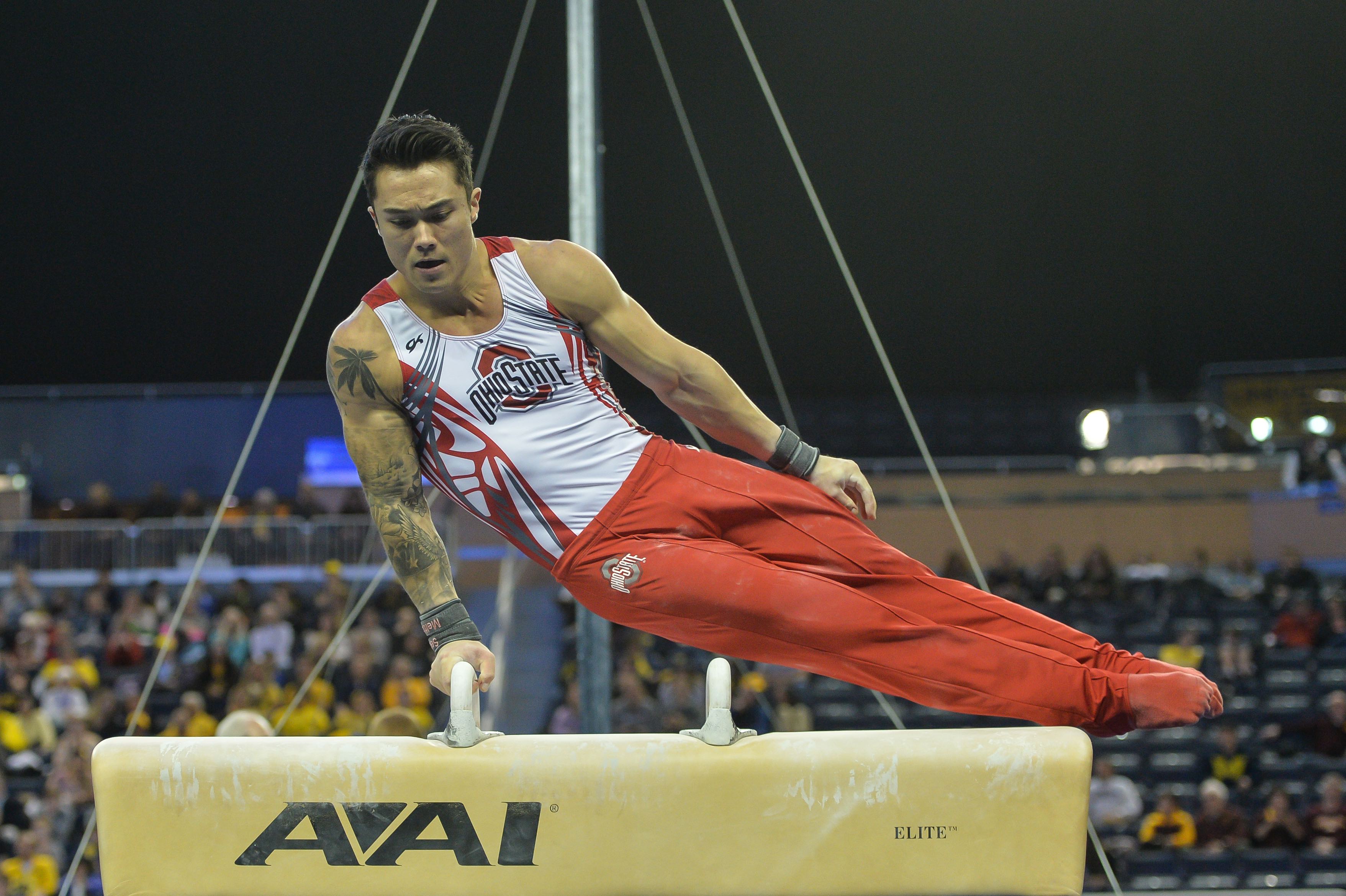 Sean Melton for Ohio State gymnastics performing on the pommel horse